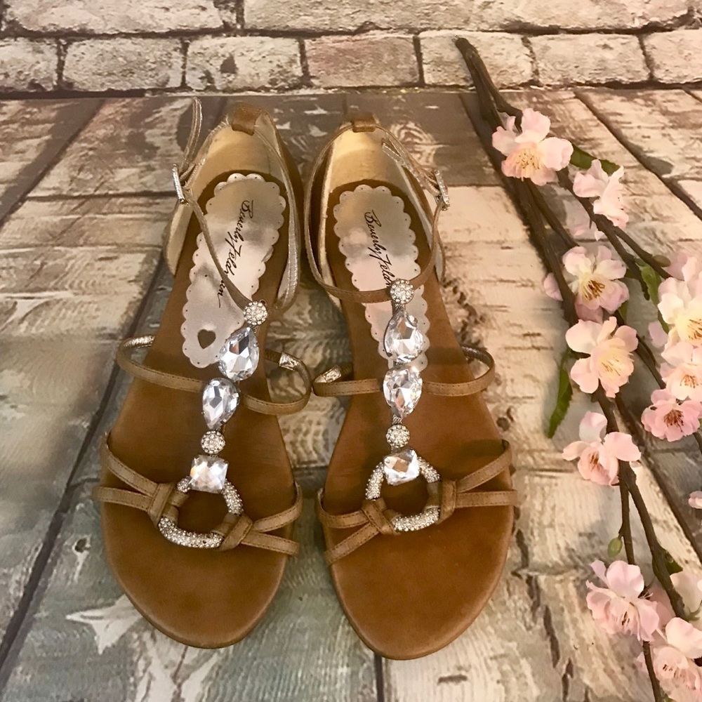 Beverly Feldman Brown Strappy Gem Stone Sandals